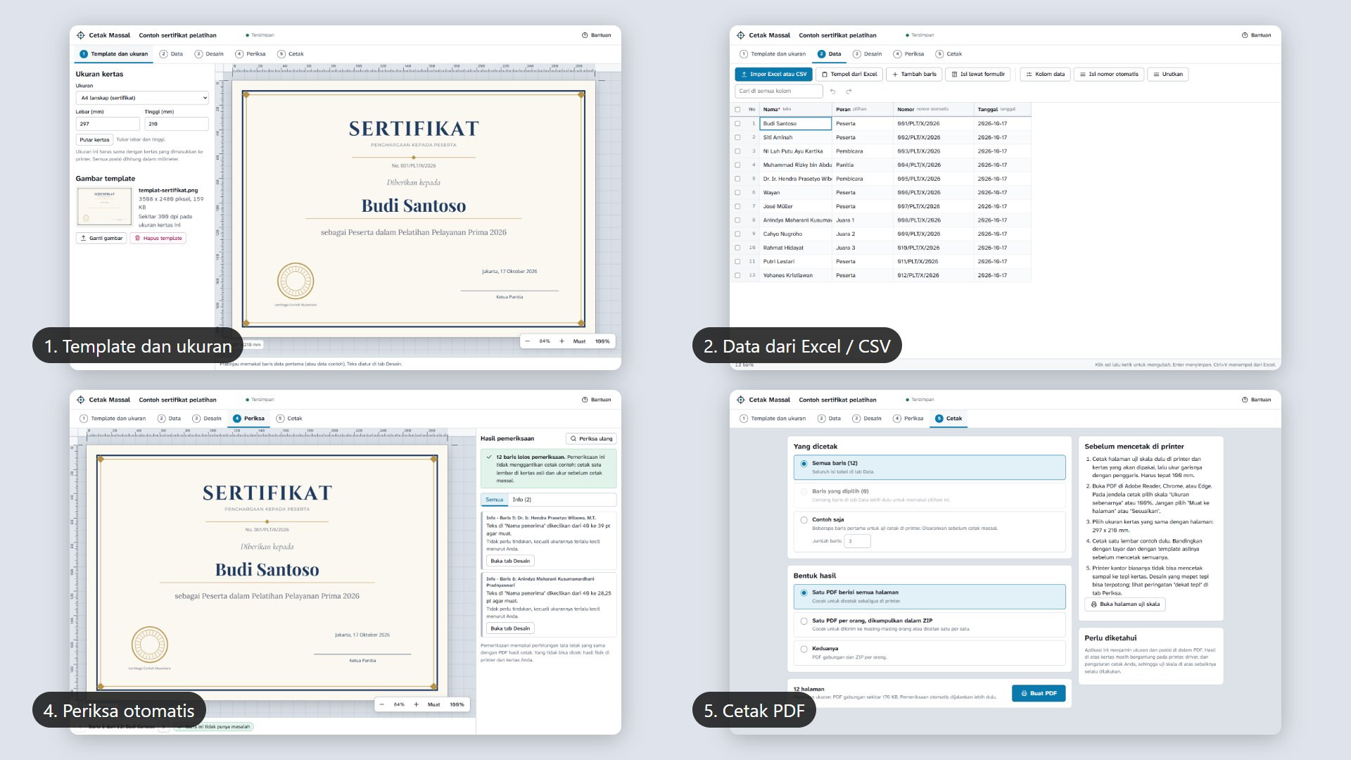 Alur 5 langkah membuat sertifikat massal: template, data Excel, periksa, dan cetak PDF di aplikasi Cetak Massal