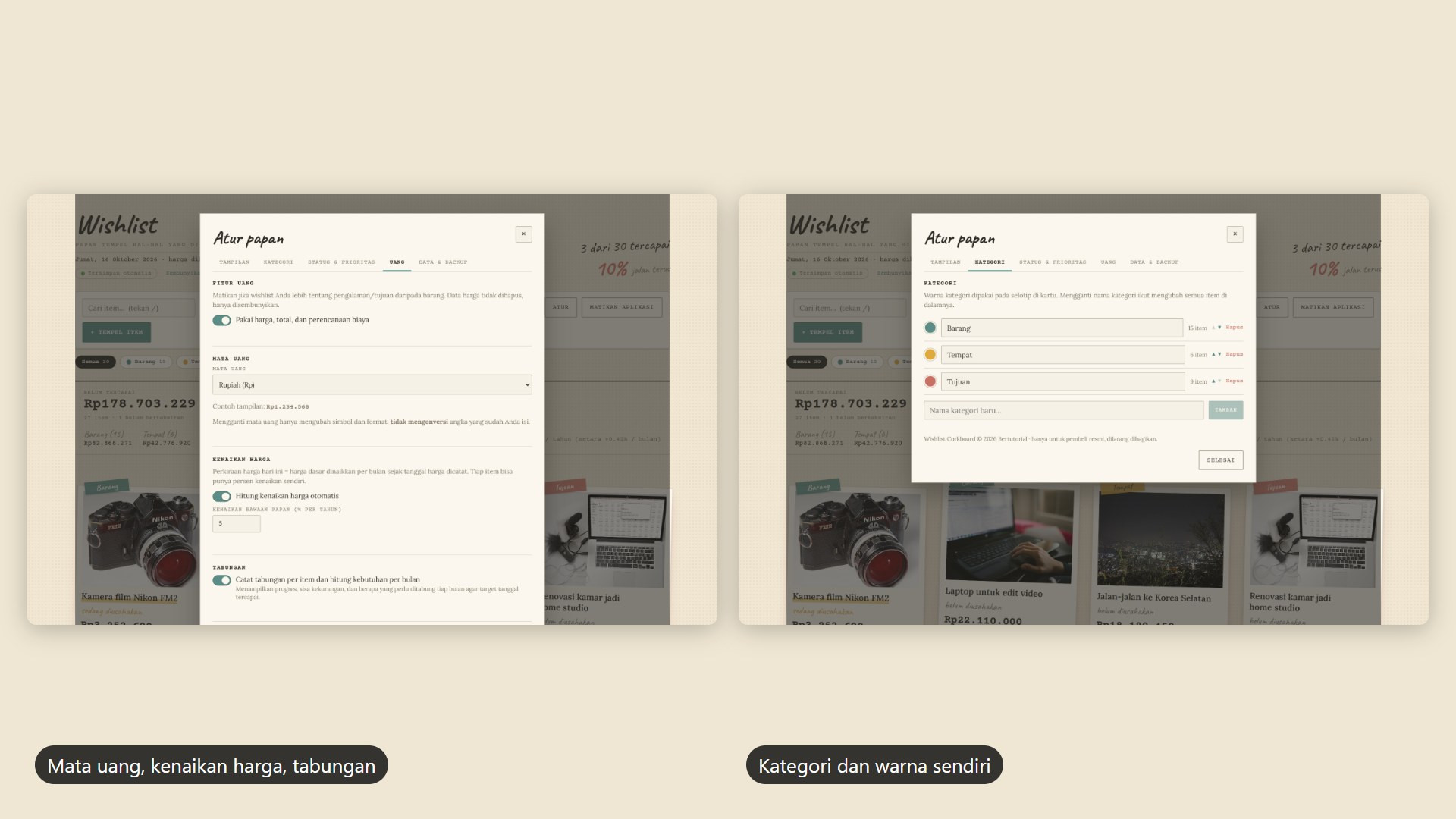 Pengaturan uang dan kategori di Wishlist Corkboard