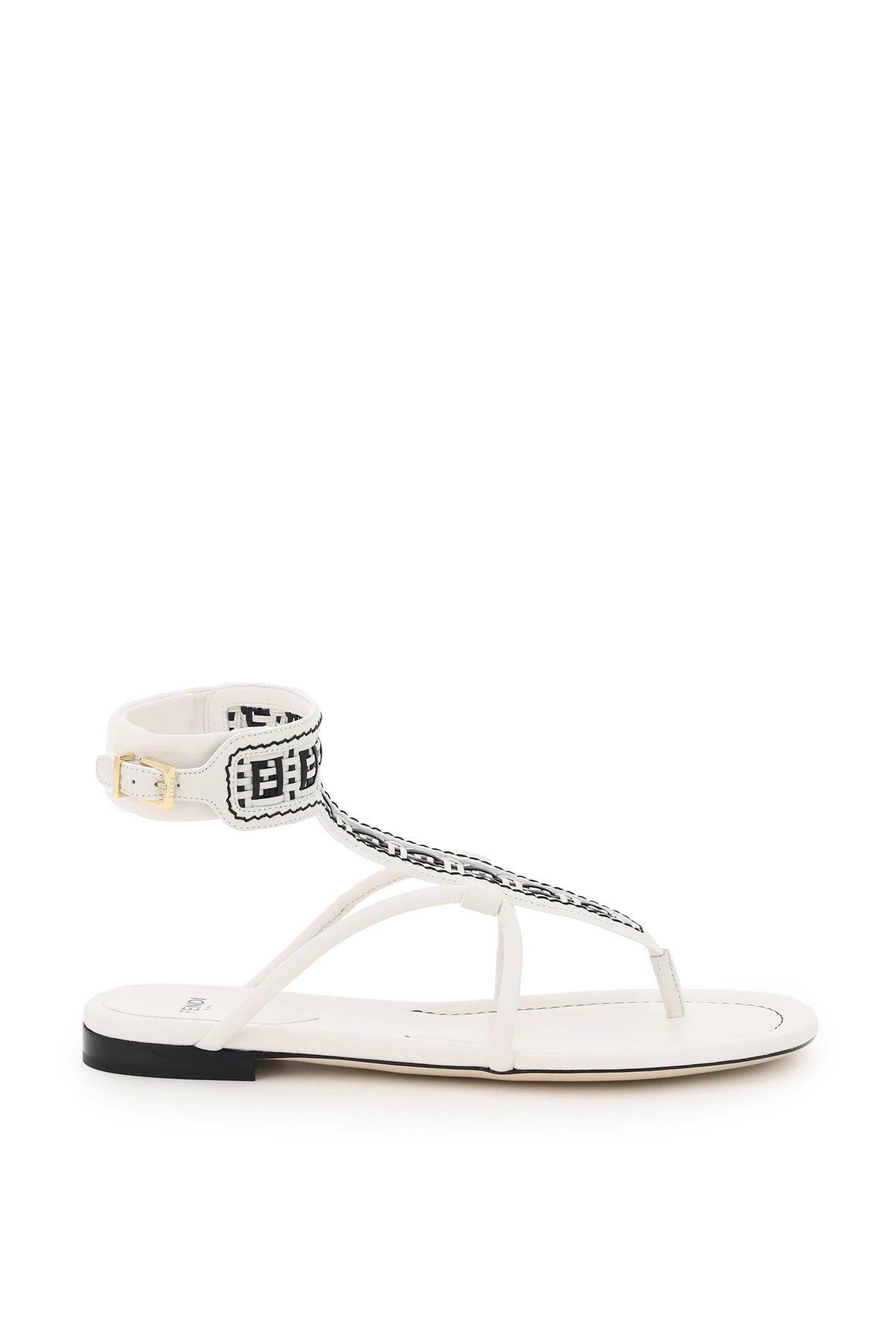 FENDI FF INTERLACE THONG SANDALS 37 White, Black Leather