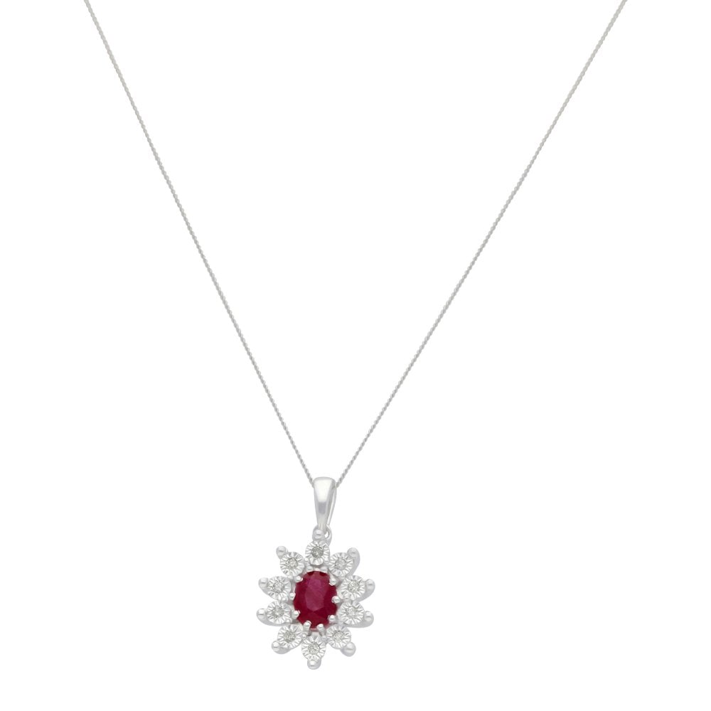 New 9ct White Gold Ruby & Diamond Cluster Pendant & Necklace
