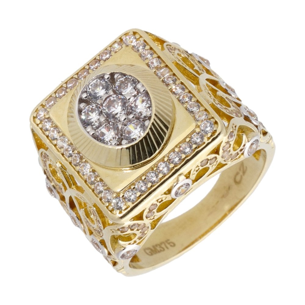 New 9ct Yellow Gold Cubic Zirconia Set Rectangular Gents Ring