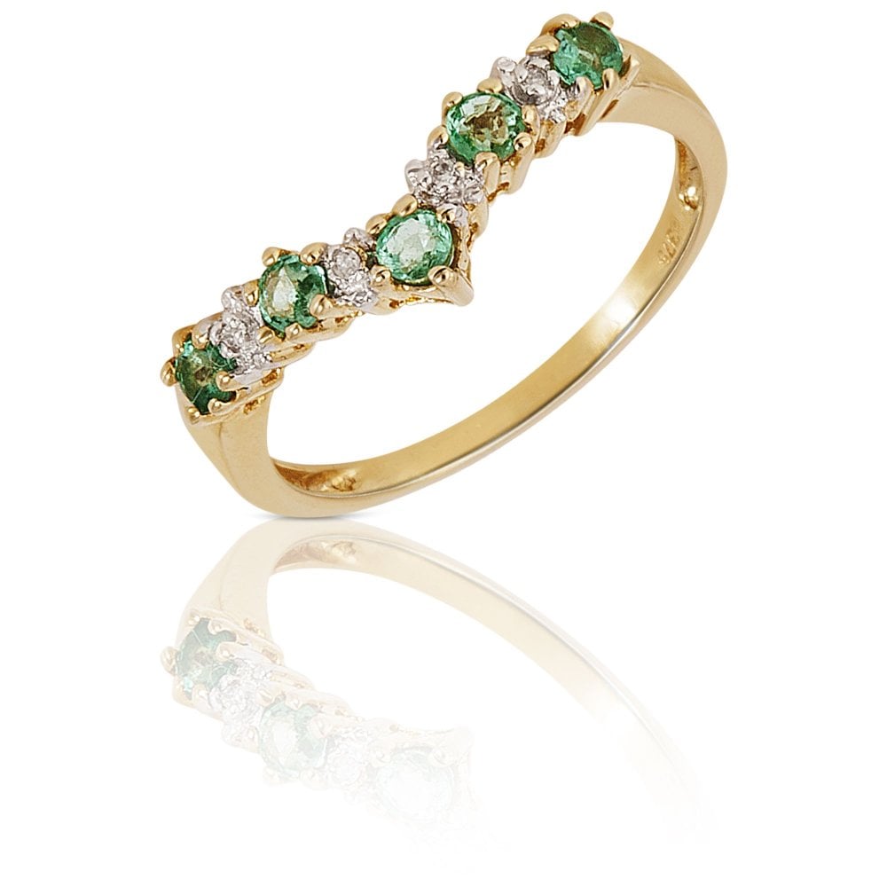 New 9ct Yellow Gold Emerald & Diamond Half Wishbone Ring