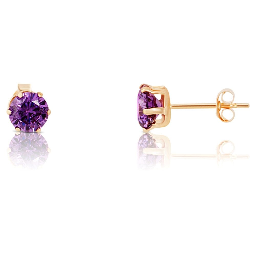 New 9ct Yellow Gold Purple Cubic Zirconia Stud Earrings