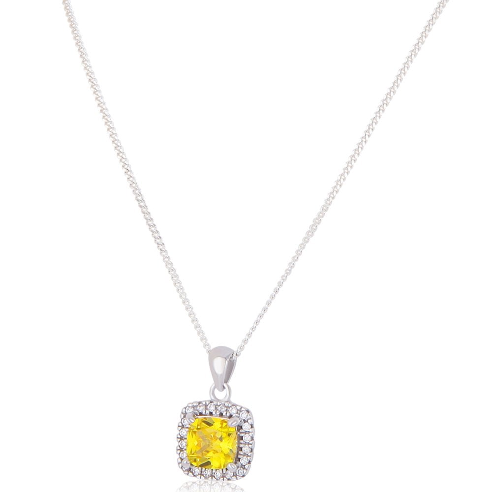New Silver Yellow Cubic Zirconia Pendant & Chain Necklace